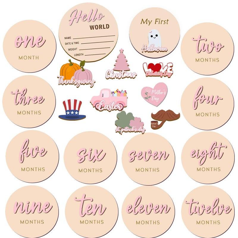 cephira Monthly Baby Milestone Maker Discs, Baby Milestone Signs for Newborn Baby, Hello World Newborn Sign for Baby Girl & Boy, Baby Announcement Sign for 1-12 Month, Milestone Wooden Circles (Pink) - Image 1